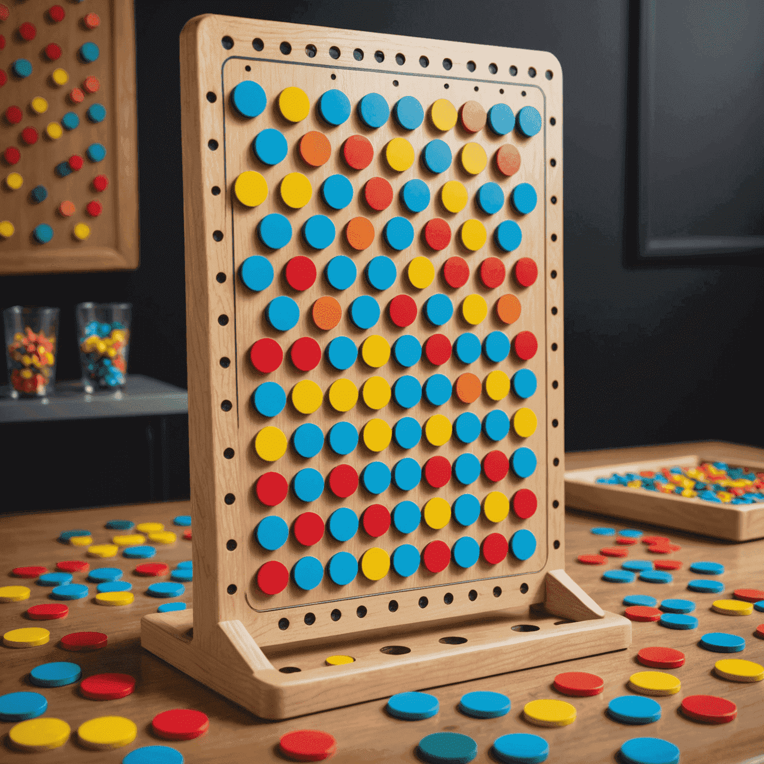 A colorful Plinko board with multiple chips falling through pegs, showcasing various possible paths and outcomes