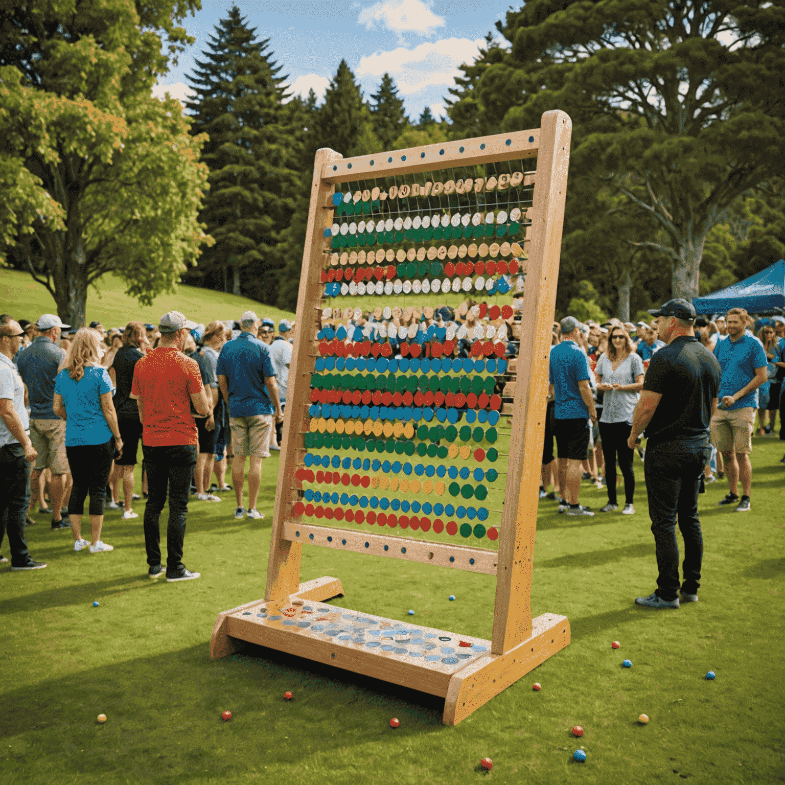 A large Plinko board set up for a tournament, with colorful chips cascading down the pegs and excited players gathered around. The background shows a New Zealand landscape with rolling hills and native trees.