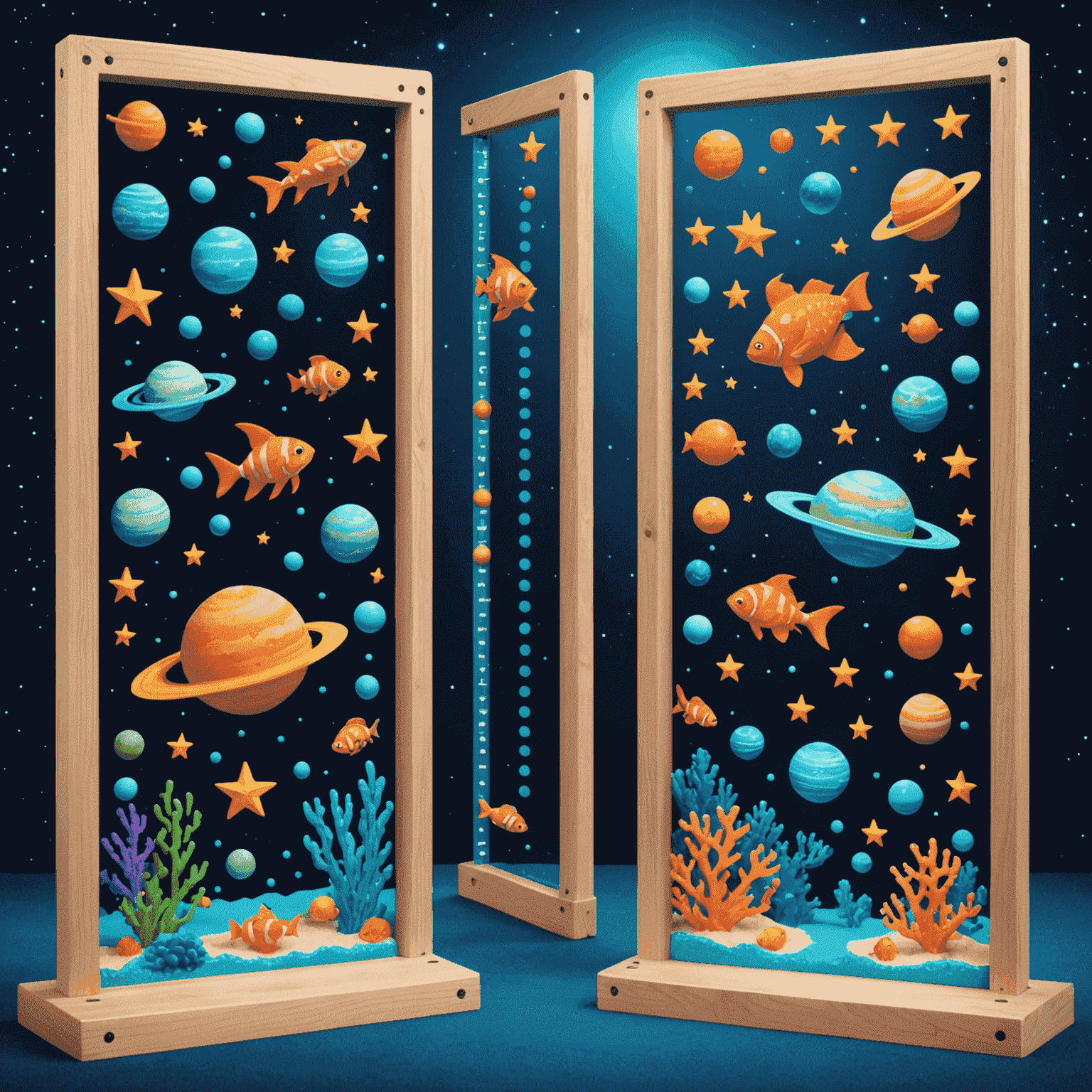 A split-screen view of different themed Plinko boards: space theme with planets and stars, underwater theme with fish and coral