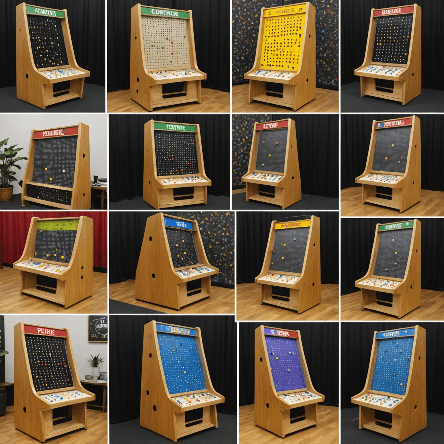 Collage of different Plinko game modes including multi-board setups and themed games