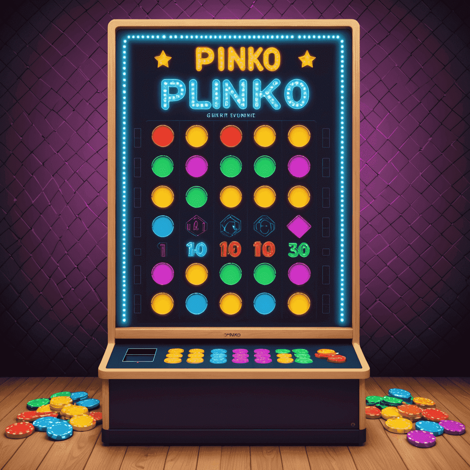 A modern, sleek interface of an online Plinko game, showcasing vibrant colors, digital chips, and various betting options