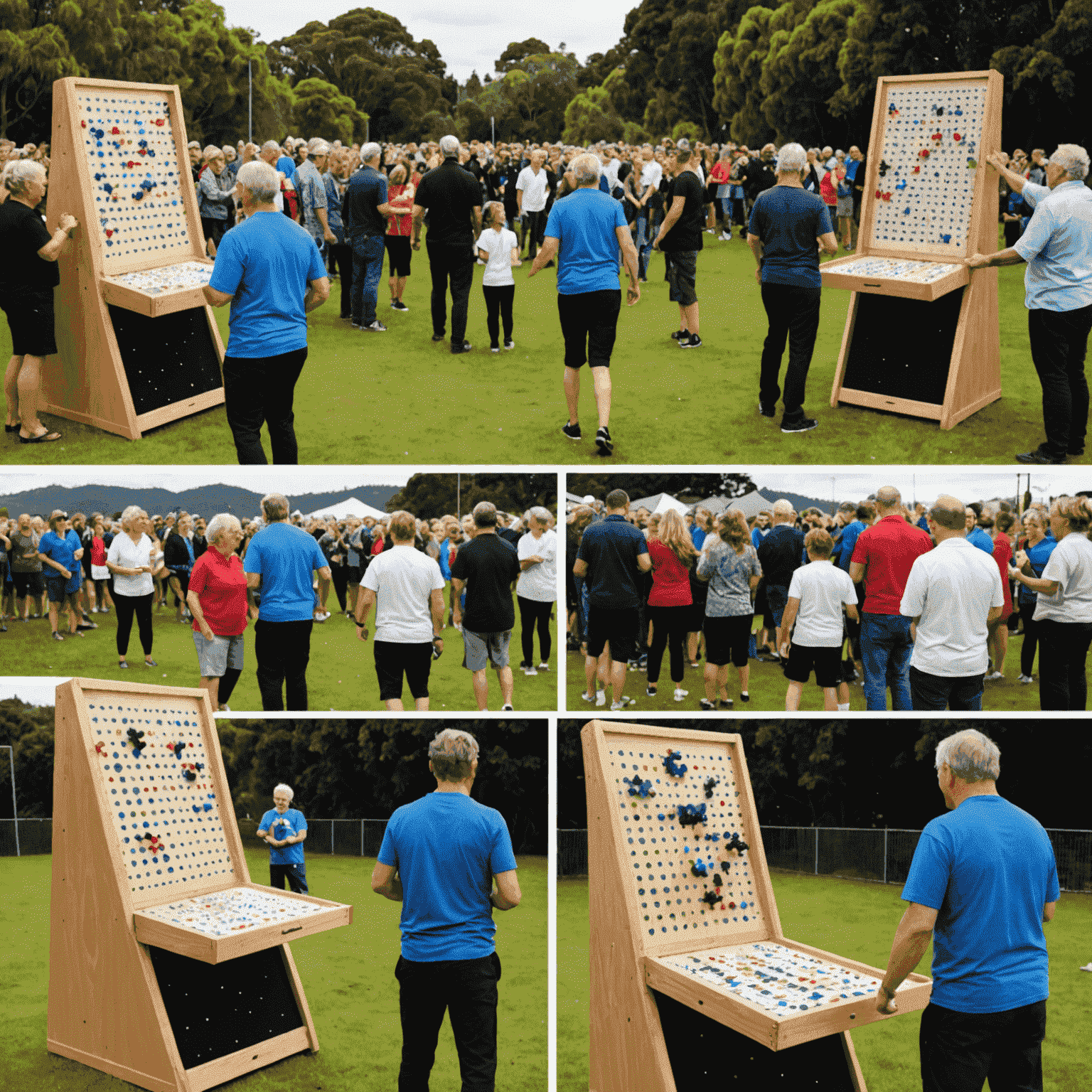 Collage of Plinko tournaments and events in New Zealand, showing excited players and large Plinko boards